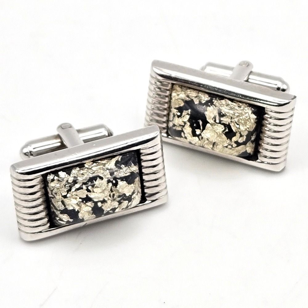 Hickok Vintage Mens Cufflinks Silver Tone Black Silver Foil Flake Rectangle USA